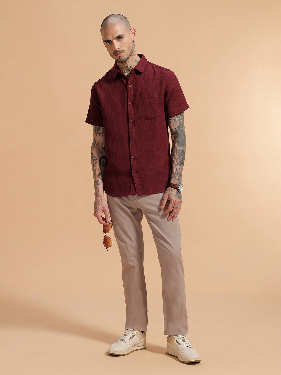 Textured Short Sleeve Shirt | Maroon - Image 2