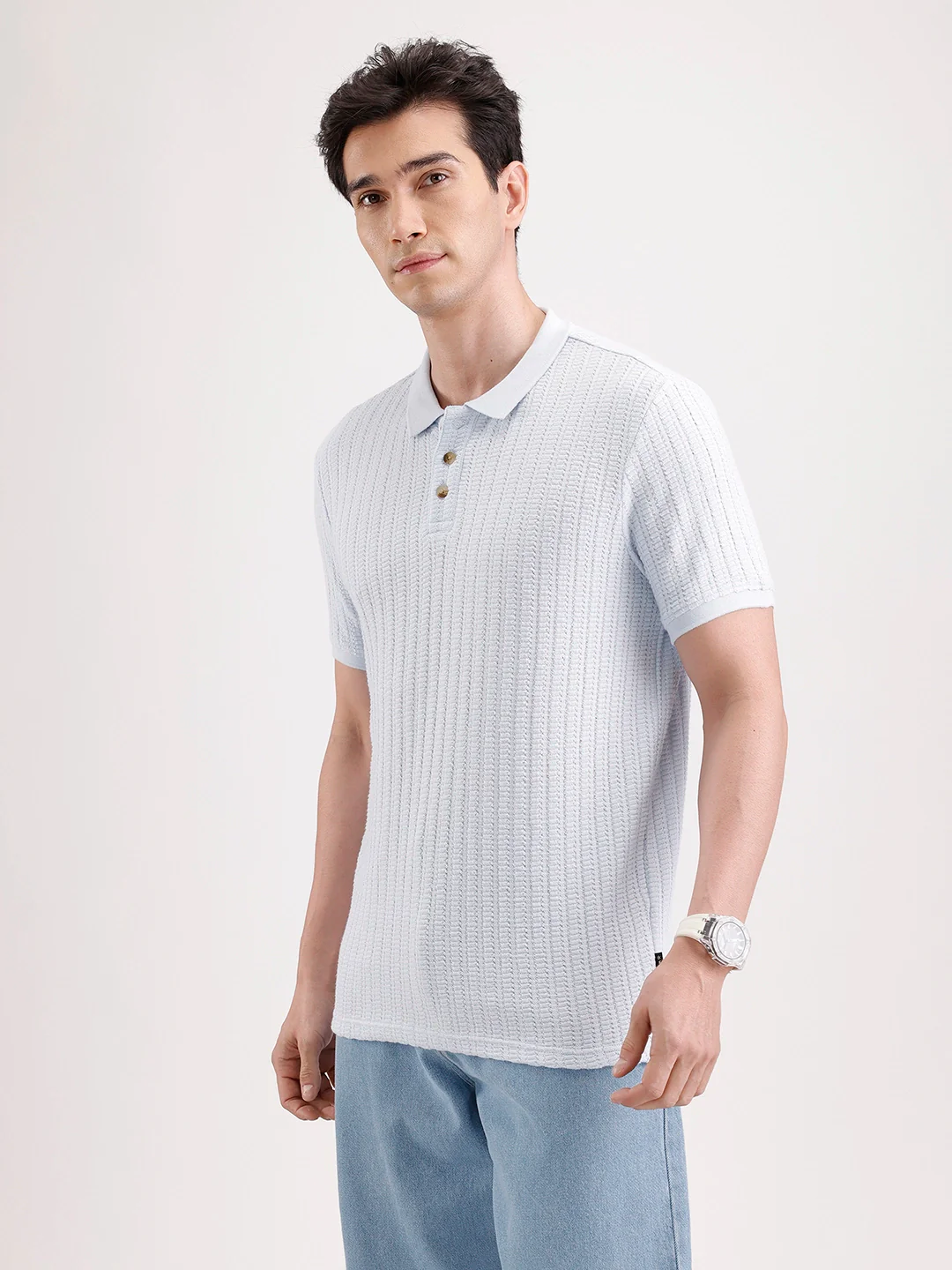 Textured Slim Fit Polo T-Shirt  | Light Blue - Image 4