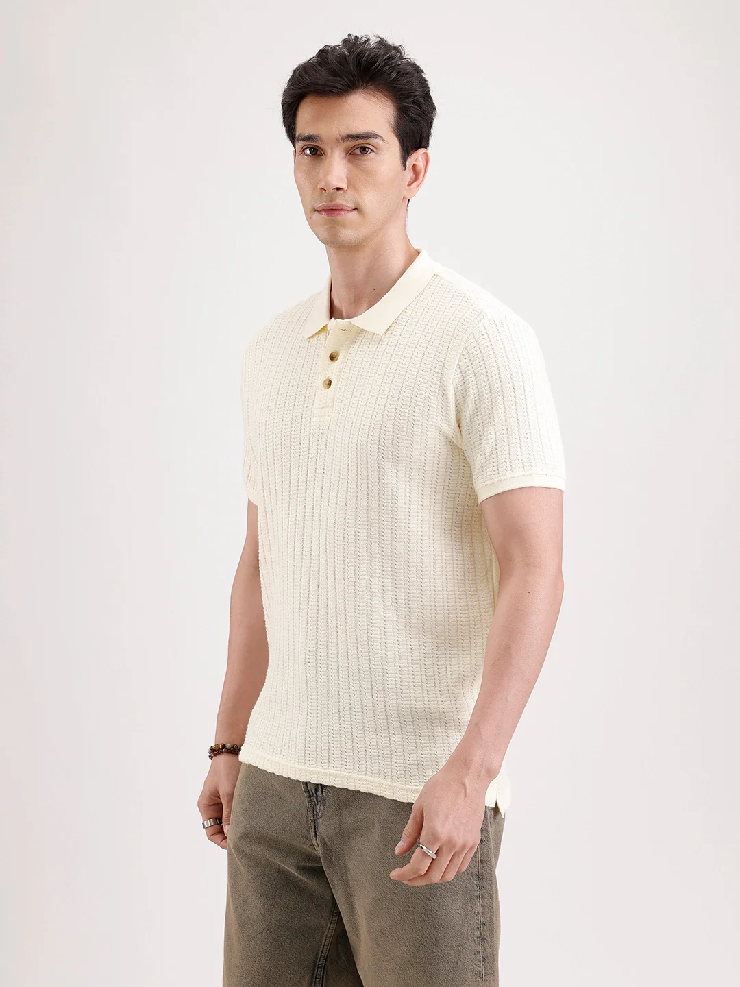 Textured Slim Fit Polo T-Shirt  | Yellow - Image 4