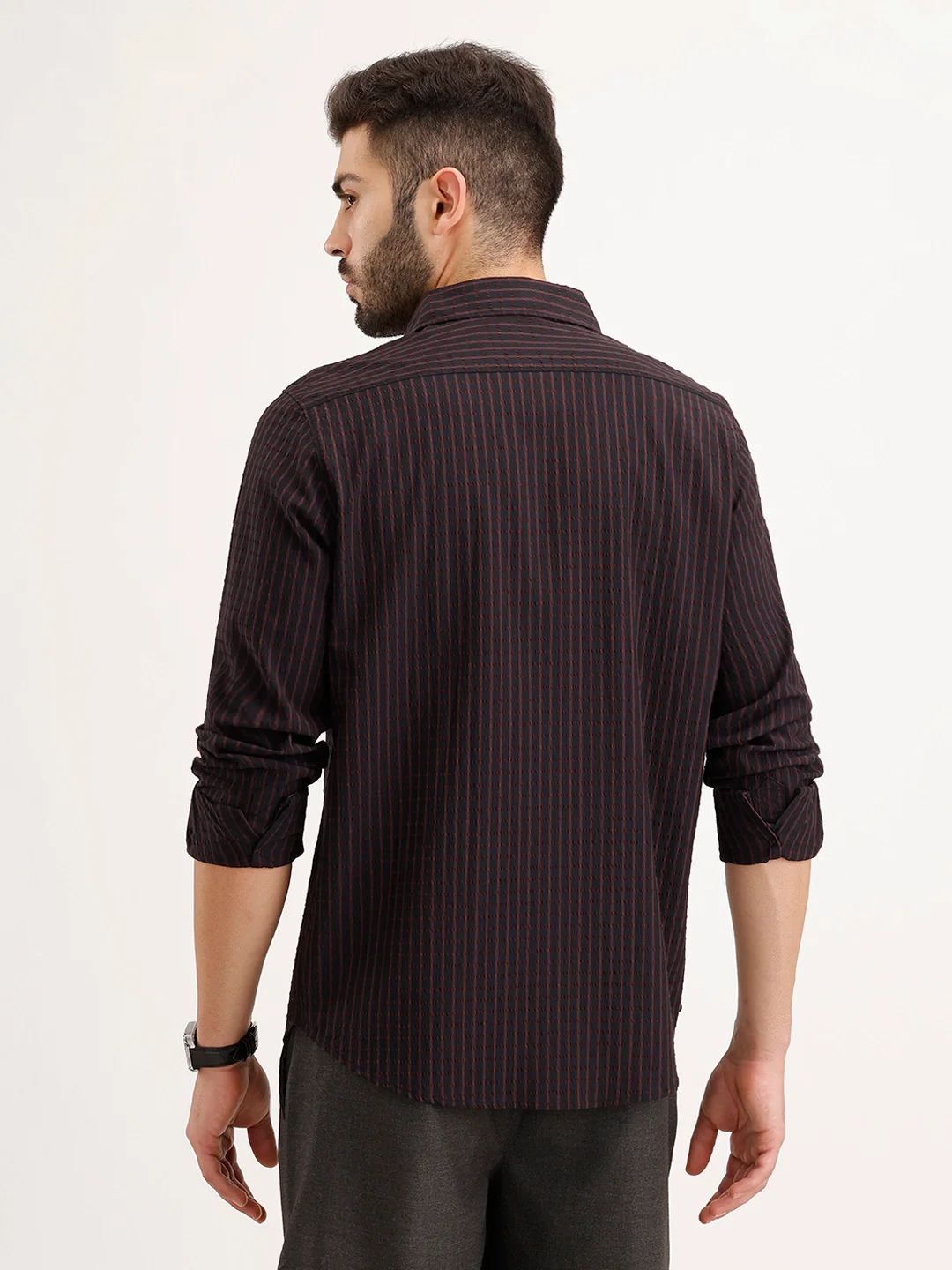 Textured Slim Fit Striped Shirt | Black - Image 3