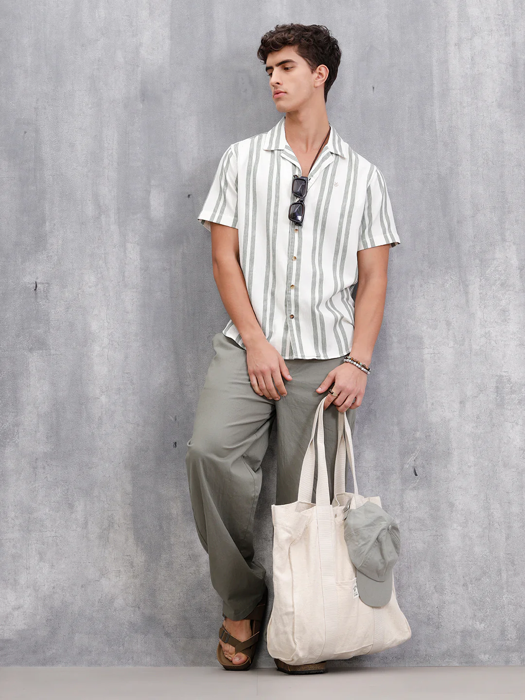 Textured Stripe Shirt In Resort Collar | Green - Image 2