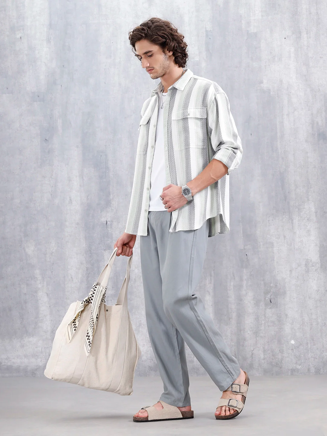 Textured Striped Double Pocket Oevrsized Fit Shirt | Green - Image 2