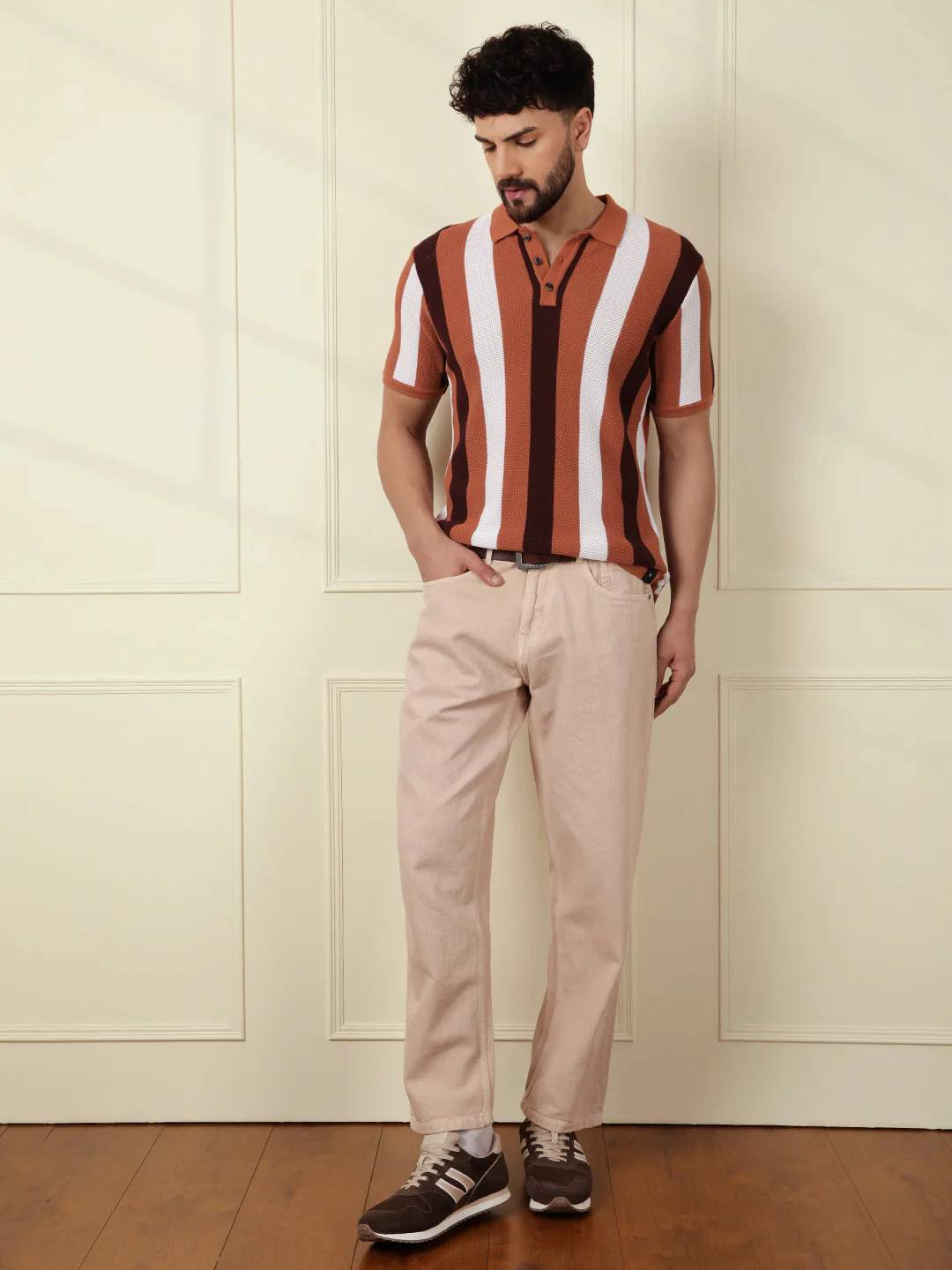 Flat Knit Striped Polo | Rust - Image 2