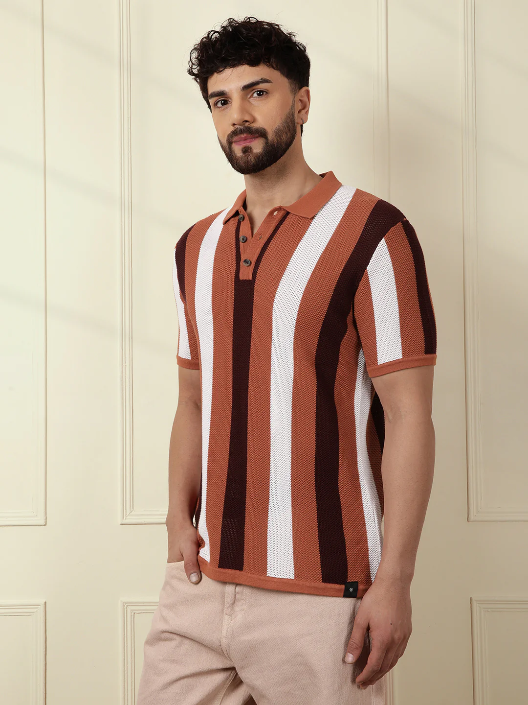Flat Knit Striped Polo | Rust - Image 4