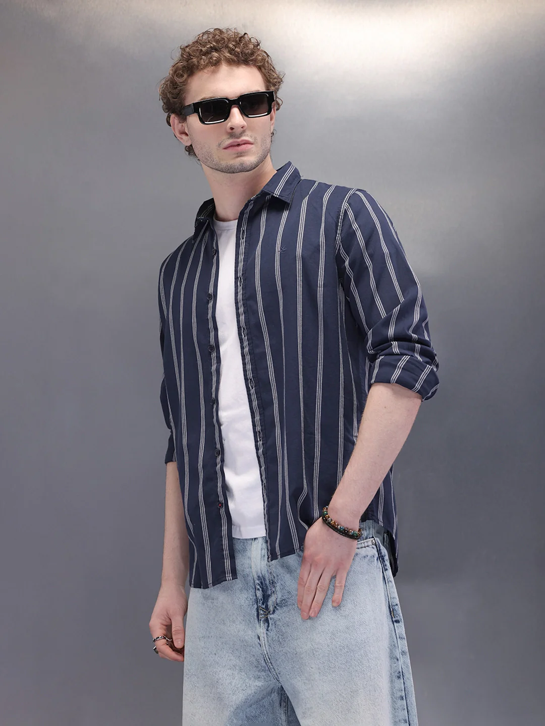 Textured Stripes Open Dobby Shirt | Navy Blue - Image 4