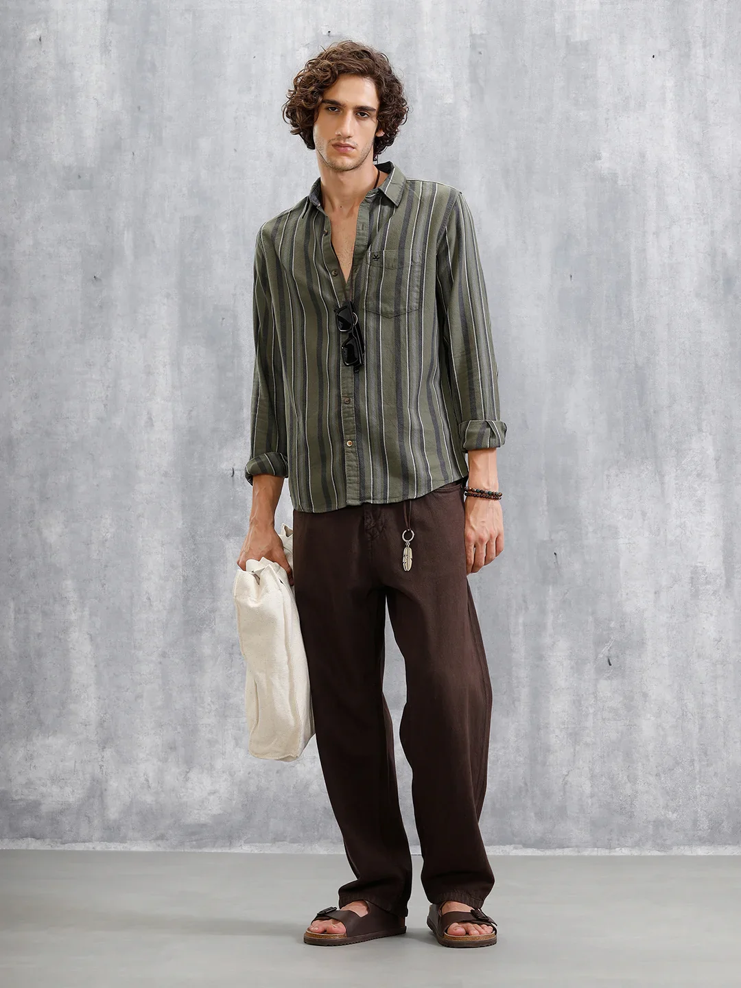 Textured Stripes Slim Fit Shirt | Olive - Image 2