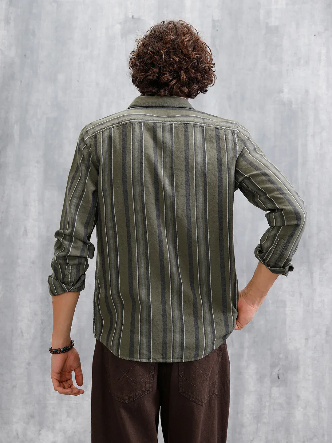 Textured Stripes Slim Fit Shirt | Olive - Image 3