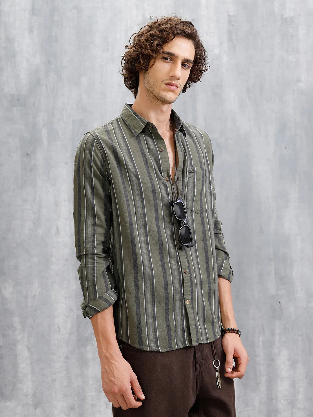 Textured Stripes Slim Fit Shirt | Olive - Image 4