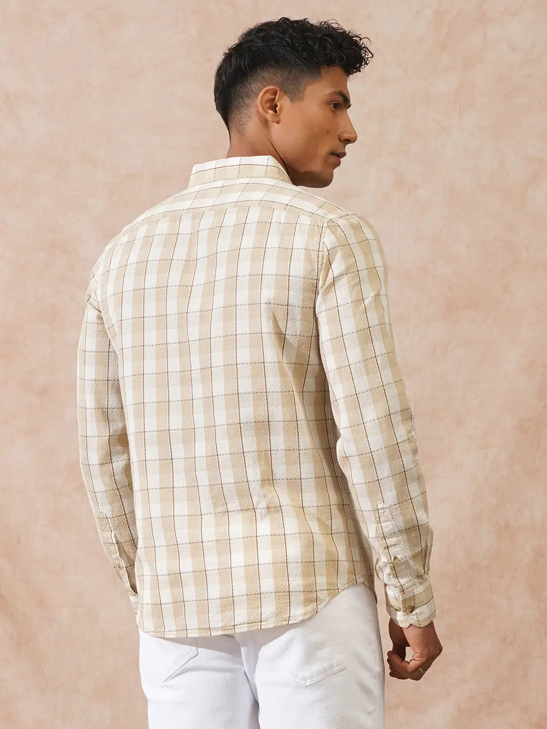 Textured Tonal Check Shirt | Beige - Image 3