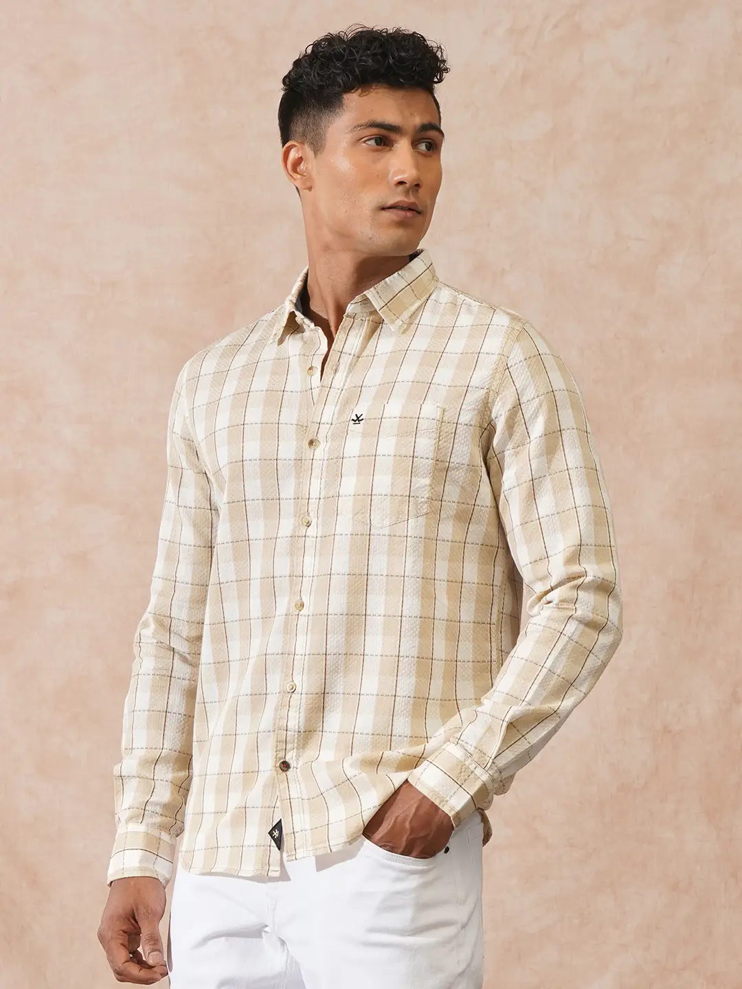Textured Tonal Check Shirt | Beige - Image 4
