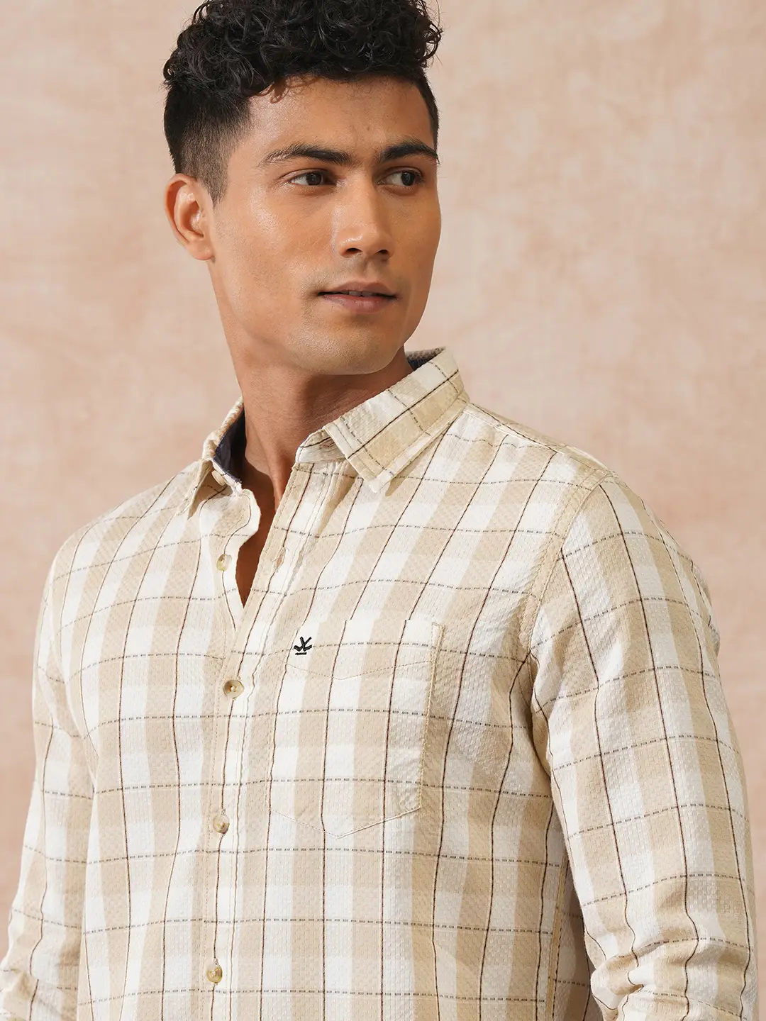 Textured Tonal Check Shirt | Beige - Image 5