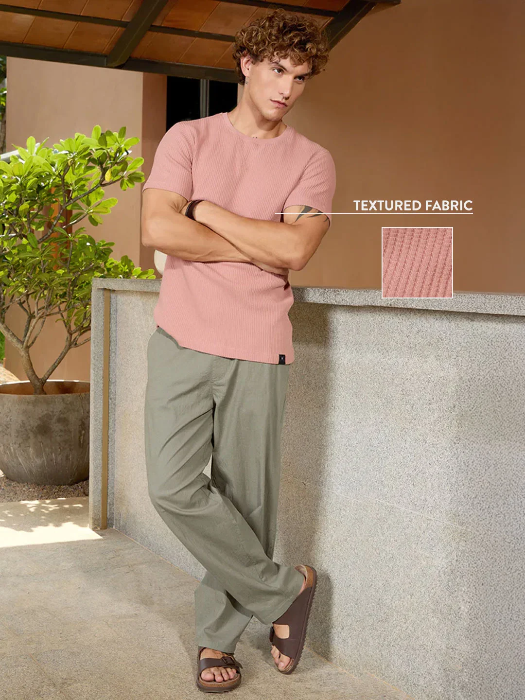 Textured Waffle Knit T-Shirt | Dusty Pink - Image 2