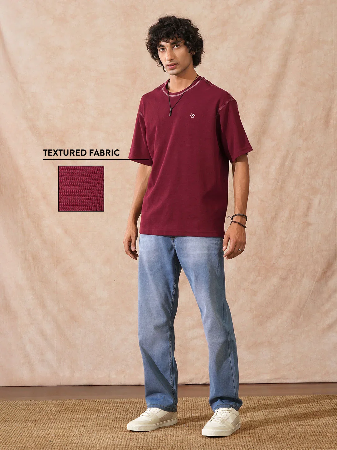 Textured Waffle Knit T-Shirt | Maroon - Image 2