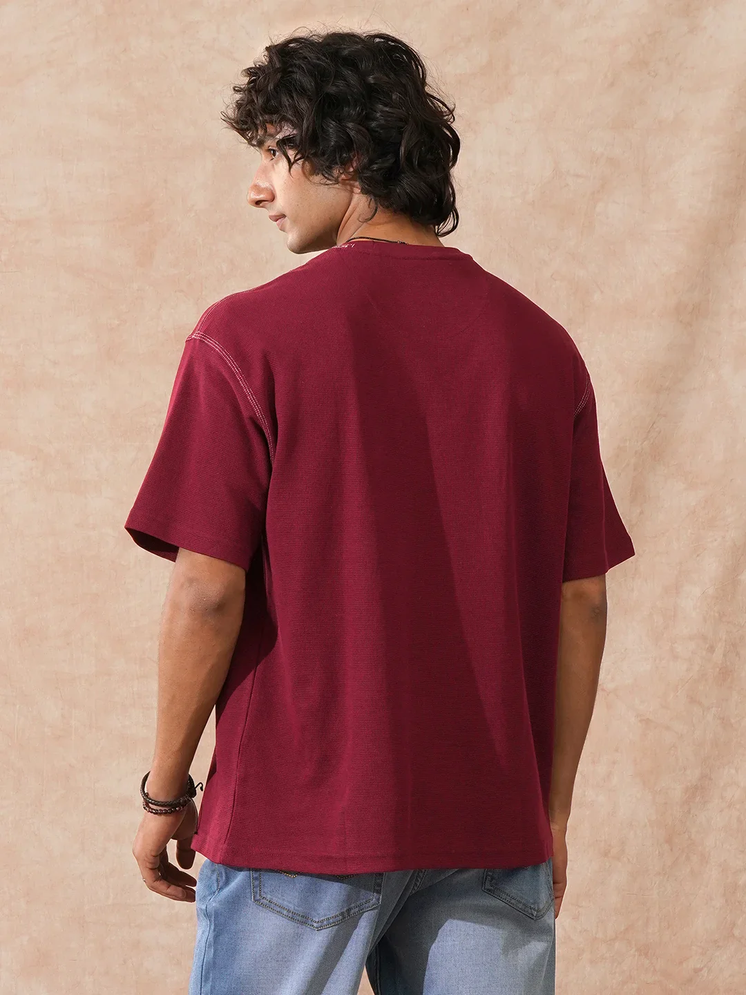 Textured Waffle Knit T-Shirt | Maroon - Image 3