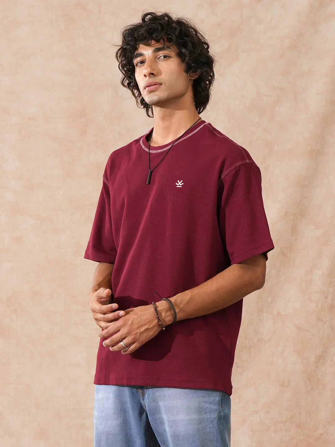 Textured Waffle Knit T-Shirt | Maroon - Image 4