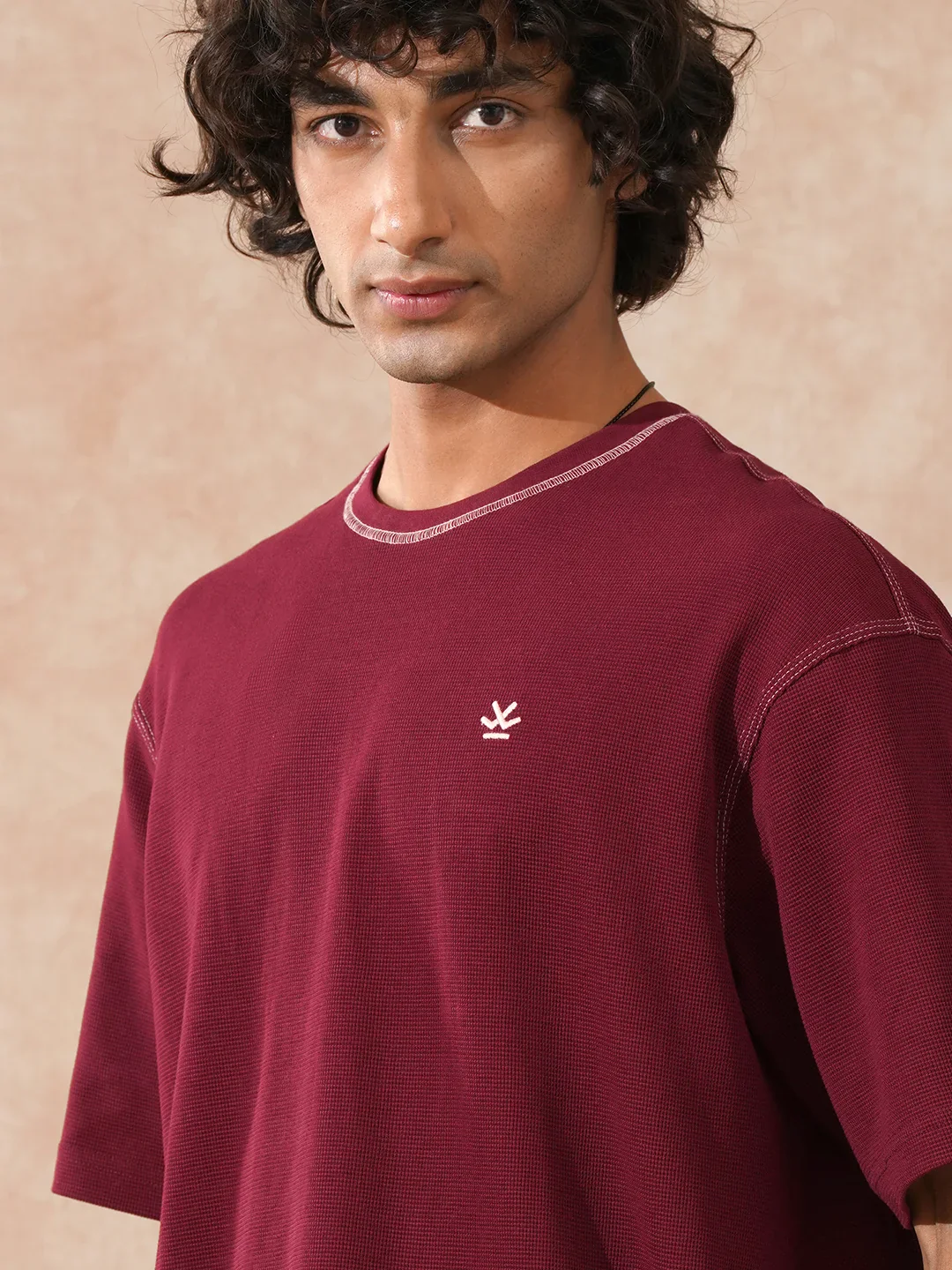 Textured Waffle Knit T-Shirt | Maroon - Image 5