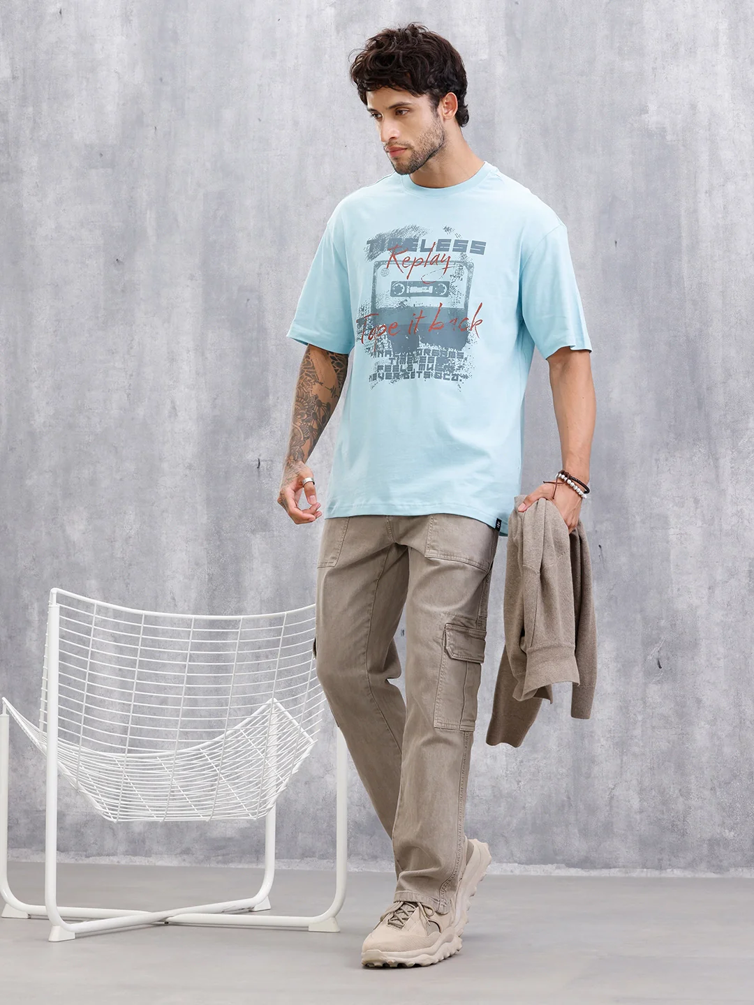 Timeless Casette Graphic Printed Oversized Fit Tshirt | Light Blue - Image 2
