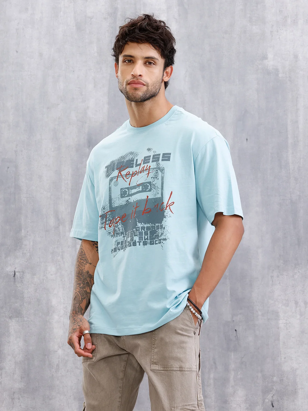 Timeless Casette Graphic Printed Oversized Fit Tshirt | Light Blue - Image 4