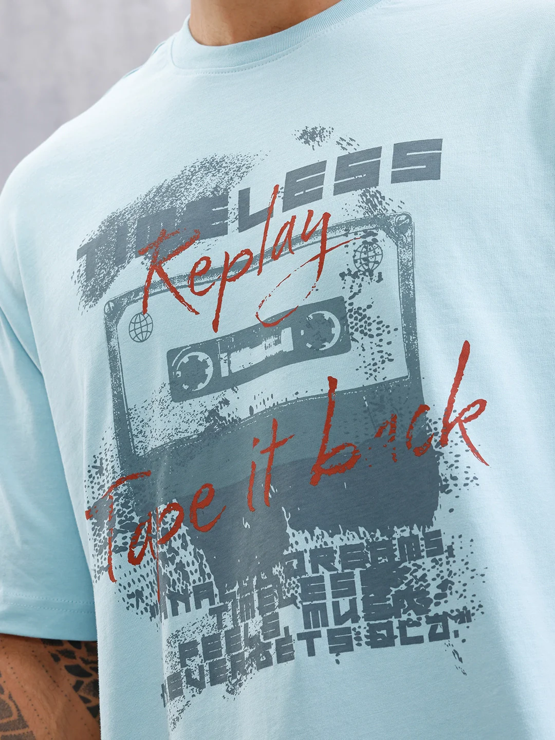 Timeless Casette Graphic Printed Oversized Fit Tshirt | Light Blue - Image 5