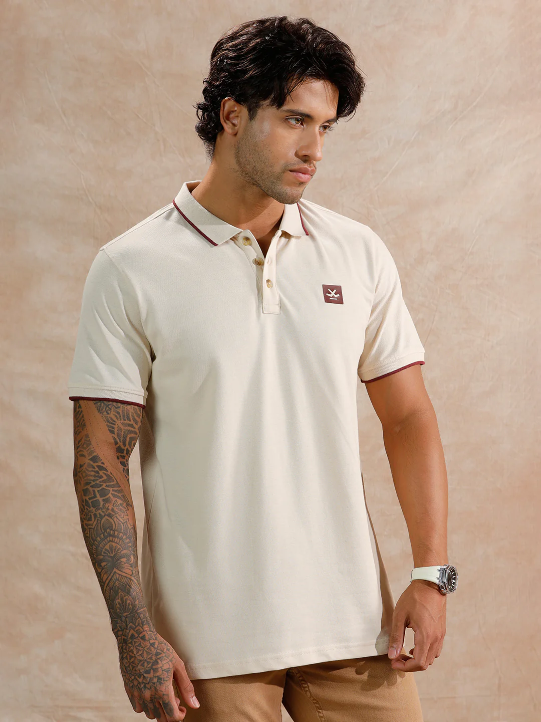Tipping Collar Slim Fit Polo T-Shirt | Beige - Image 4