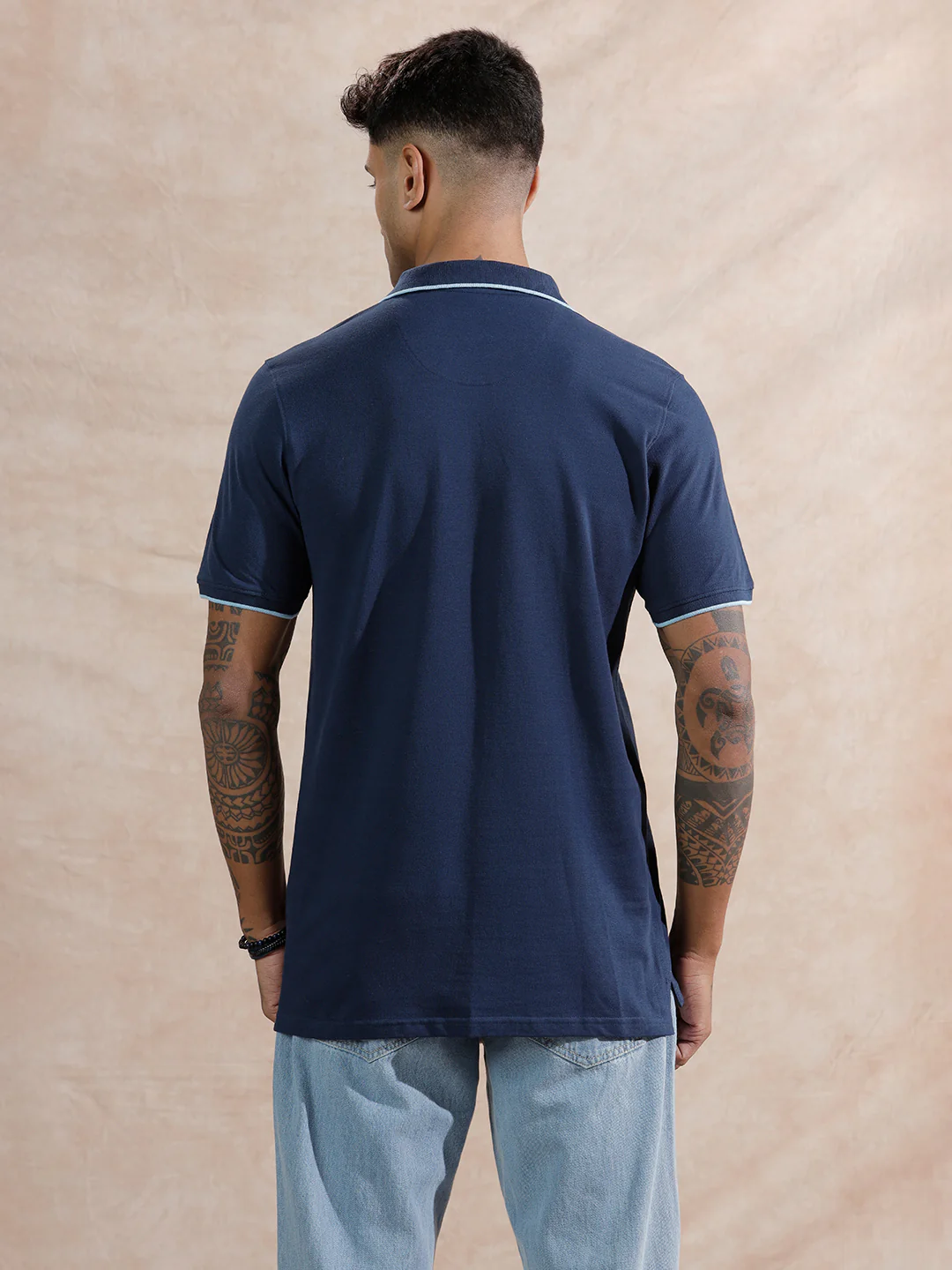Tipping Collar Slim Fit Polo T-Shirt  | Navy Blue - Image 3