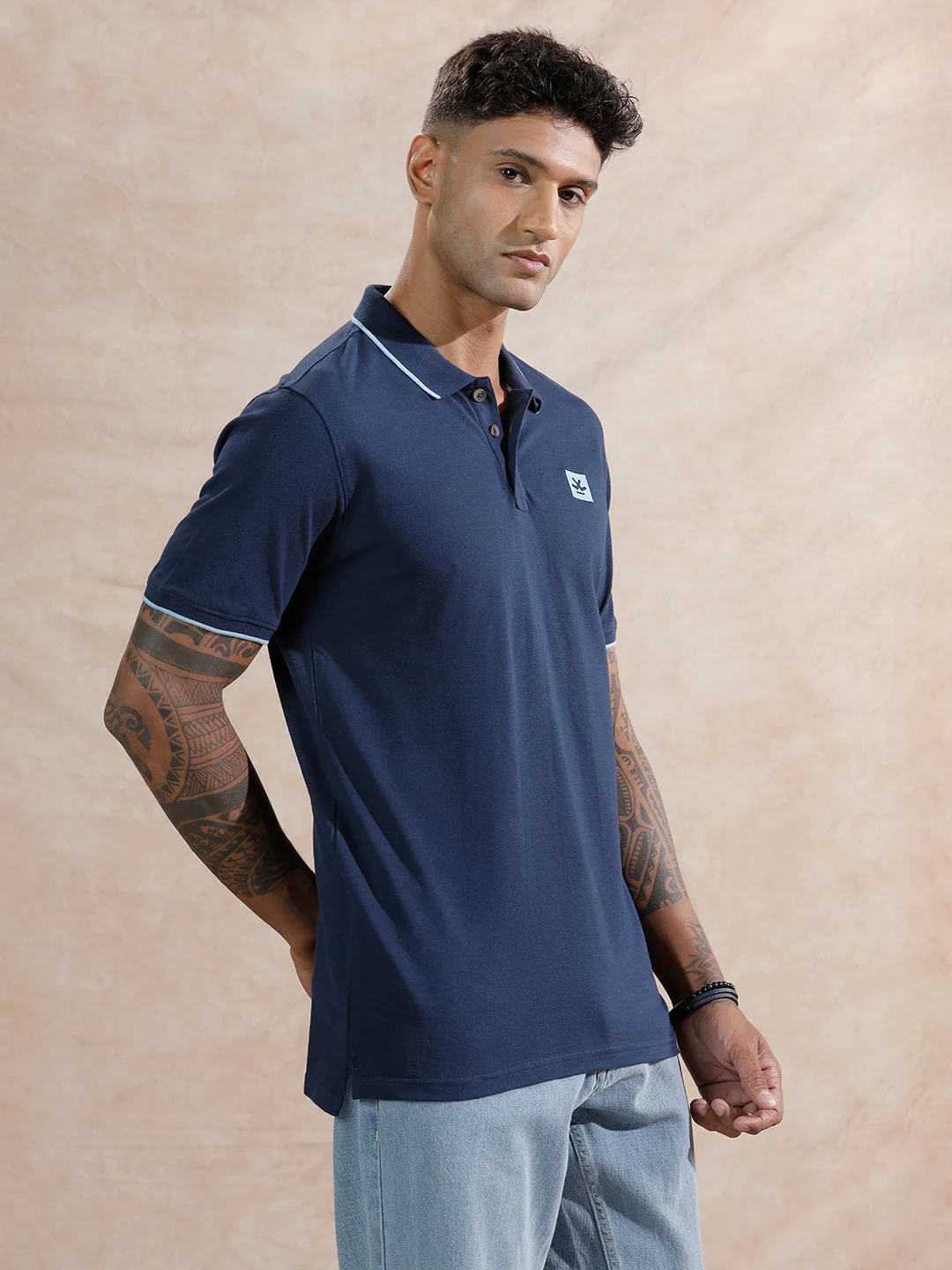 Tipping Collar Slim Fit Polo T-Shirt  | Navy Blue - Image 4