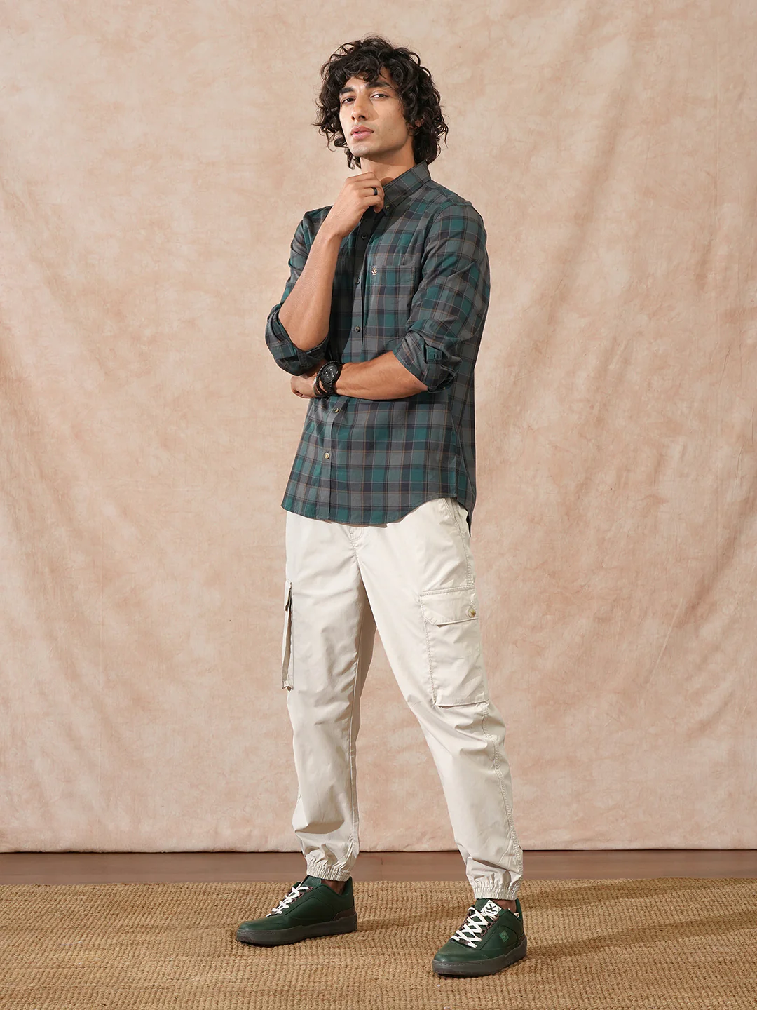 Tonal Checks Slim Fit Shirt | Green - Image 2