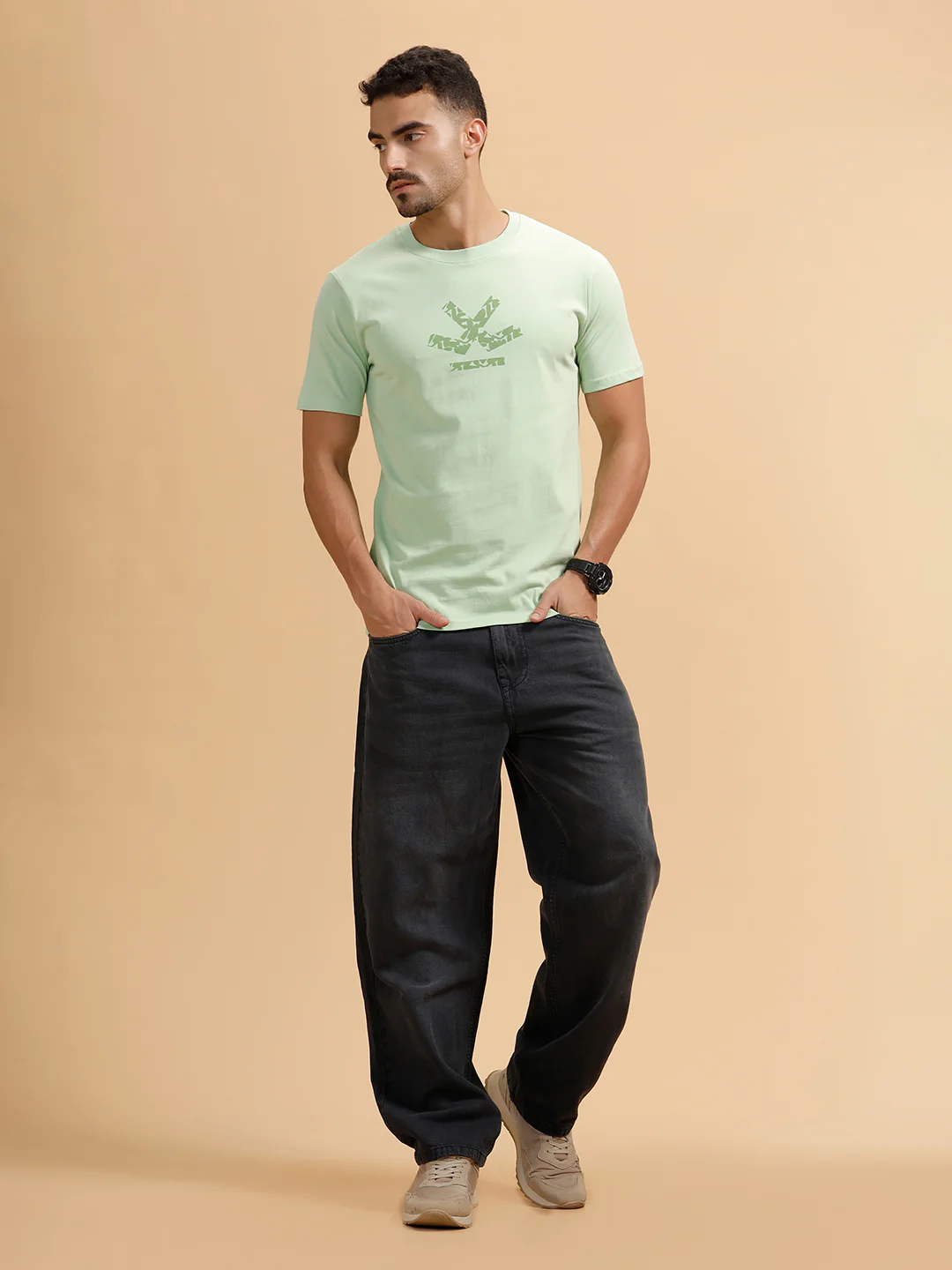 Tonal Logo Printed Slim Fit T-Shirt | Light Green - Image 2