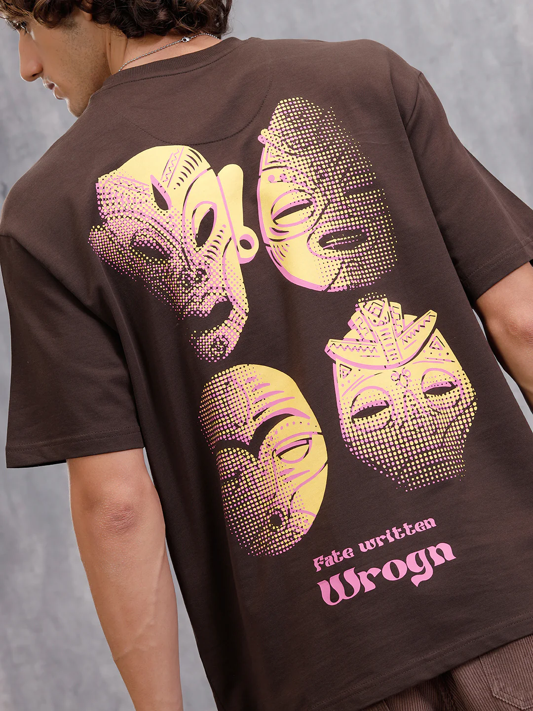 Tribal Mask Oversized Back Print Crew Neck T-Shirt | Brown - Image 3