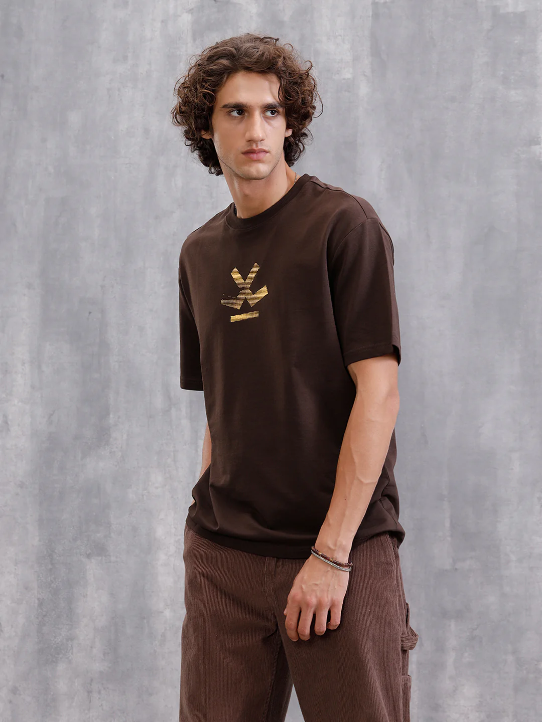 Tribal Mask Oversized Back Print Crew Neck T-Shirt | Brown - Image 5