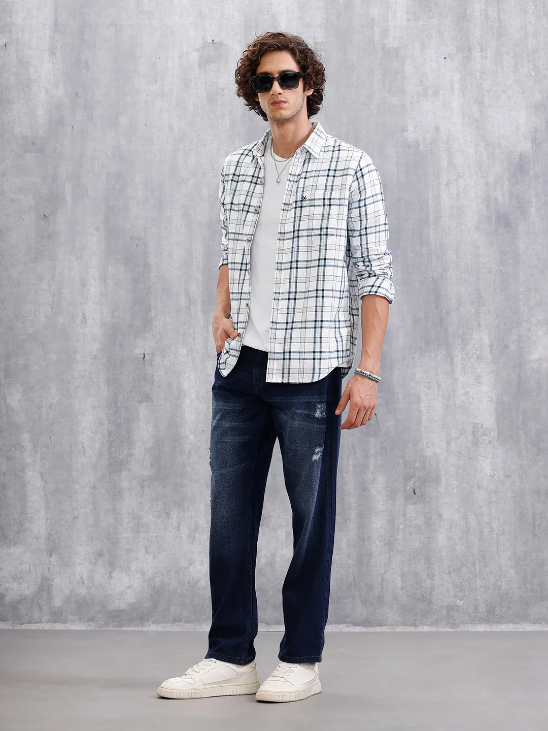 Twill Checkered Slim Fit Shirt | White - Image 4