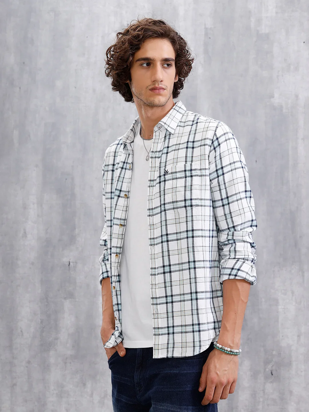 Twill Checkered Slim Fit Shirt | White - Image 6