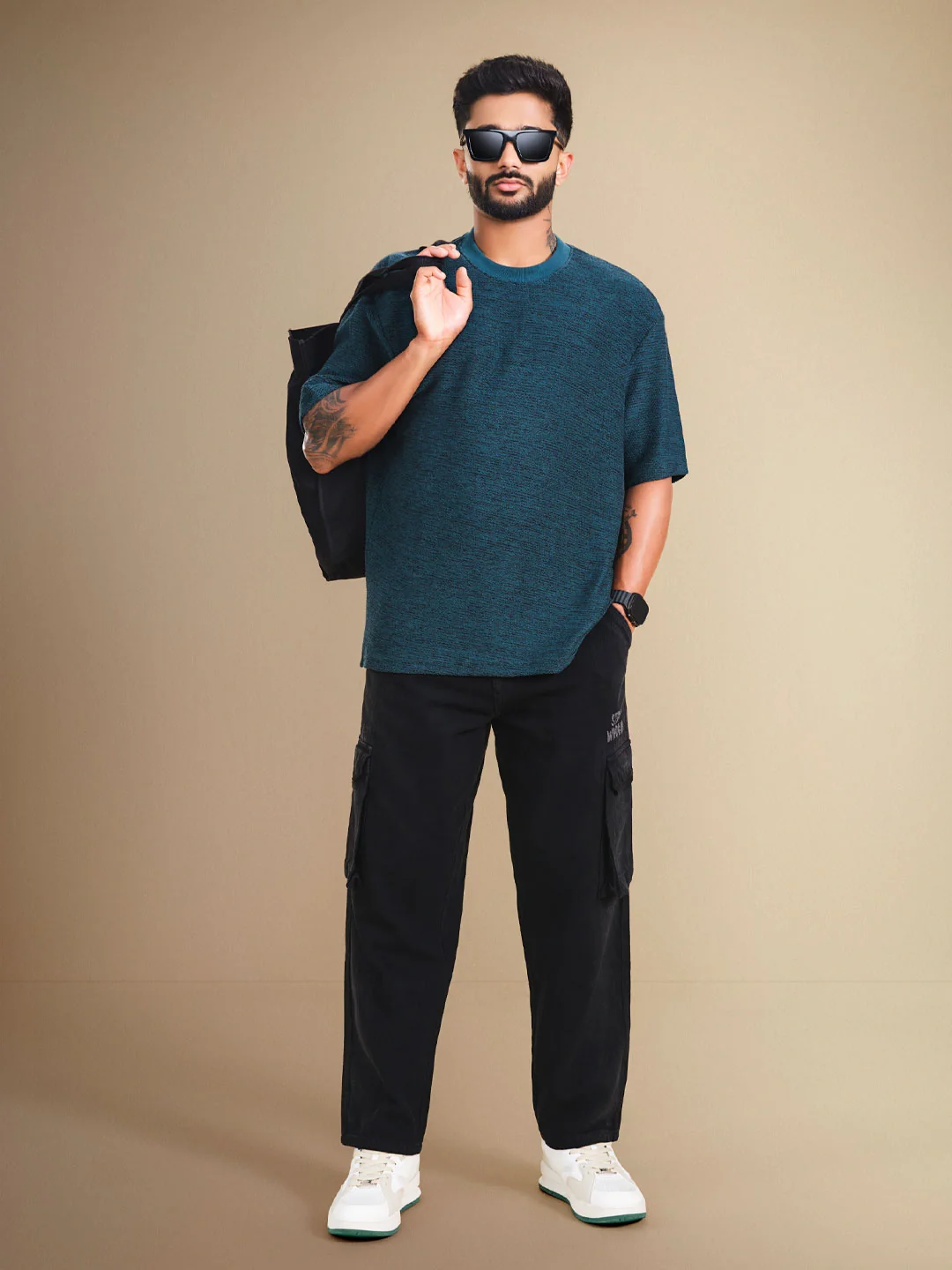 Two Tone Textured Slub Knit Oversized Crew Neck T-Shirt With Chunky Rib | Teal - Image 2