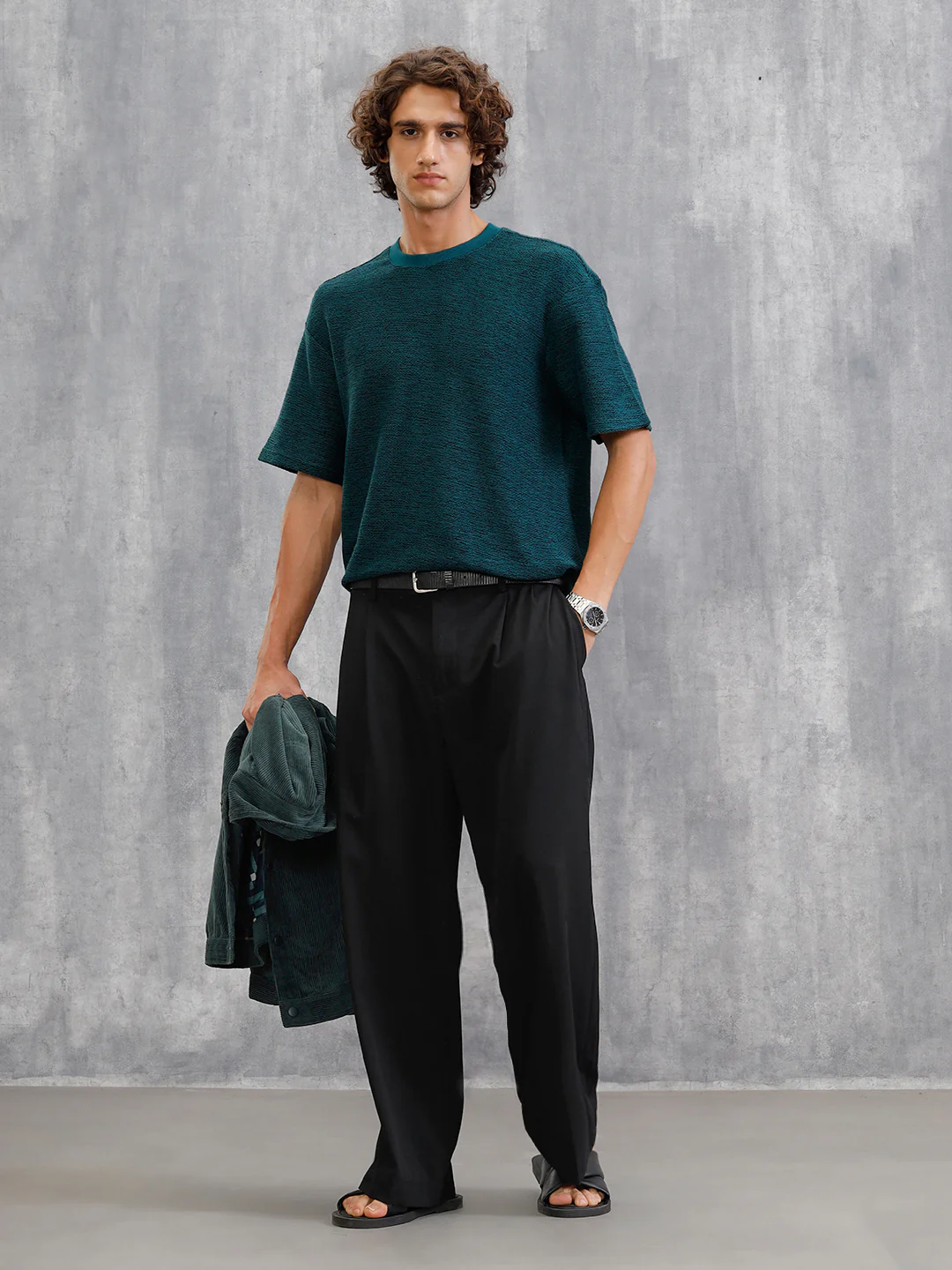 Two Tone Textured Slub Knit Oversized Crew Neck T-Shirt With Chunky Rib | Teal - Image 3