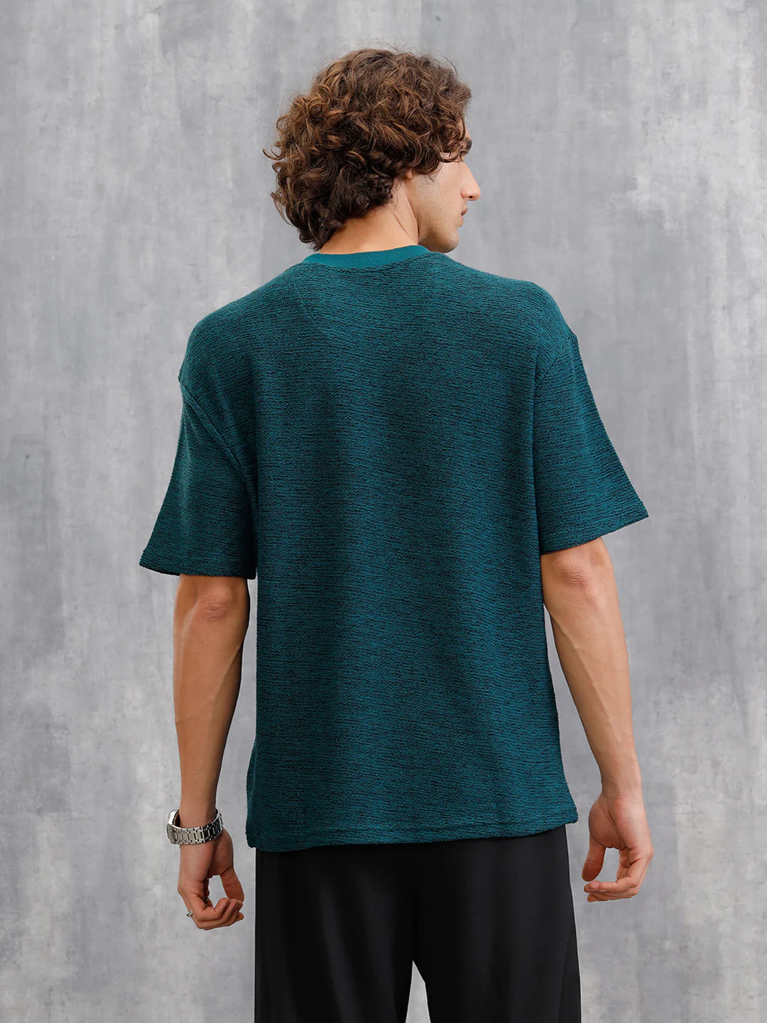 Two Tone Textured Slub Knit Oversized Crew Neck T-Shirt With Chunky Rib | Teal - Image 4