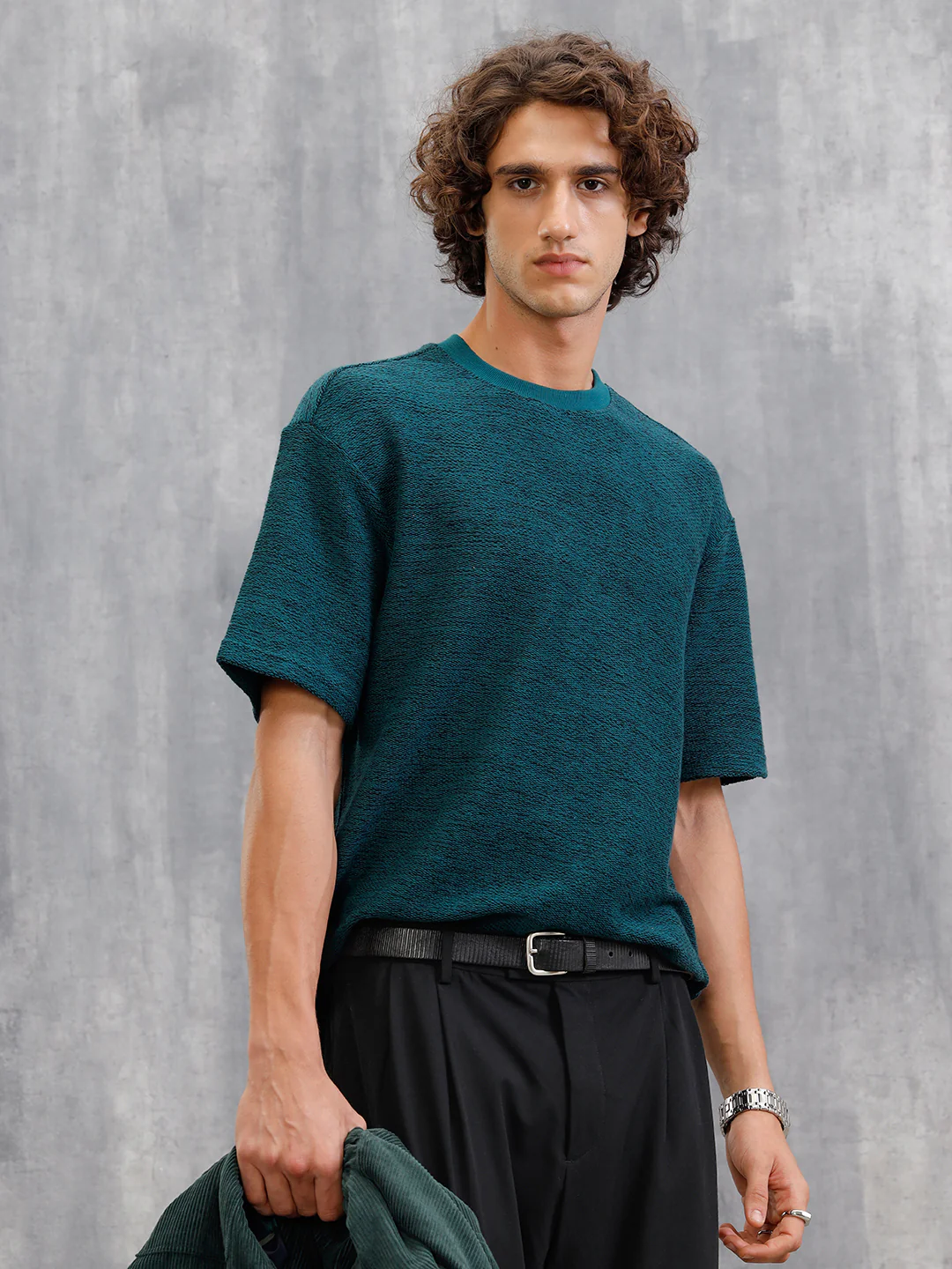 Two Tone Textured Slub Knit Oversized Crew Neck T-Shirt With Chunky Rib | Teal - Image 5