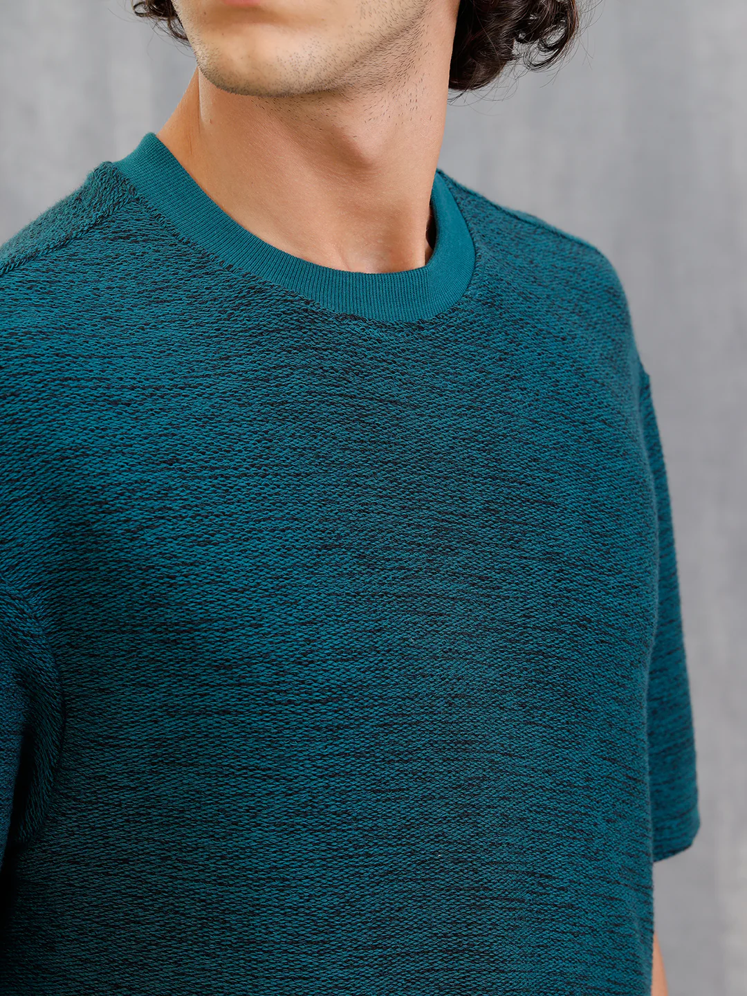 Two Tone Textured Slub Knit Oversized Crew Neck T-Shirt With Chunky Rib | Teal - Image 6