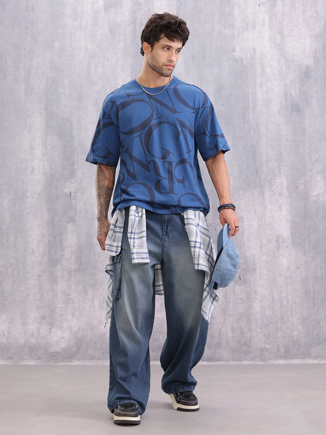 Typo Inspired Tonal Aop Oversized Fit T-shirt | Dark Blue - Image 2