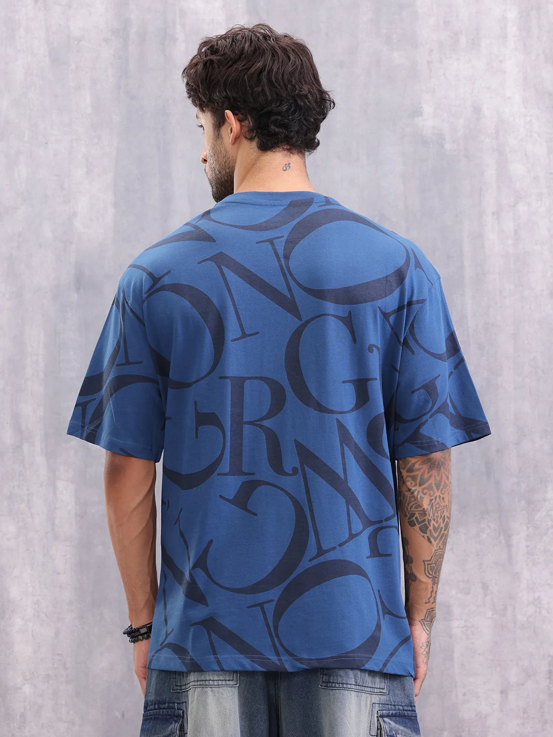 Typo Inspired Tonal Aop Oversized Fit T-shirt | Dark Blue - Image 3