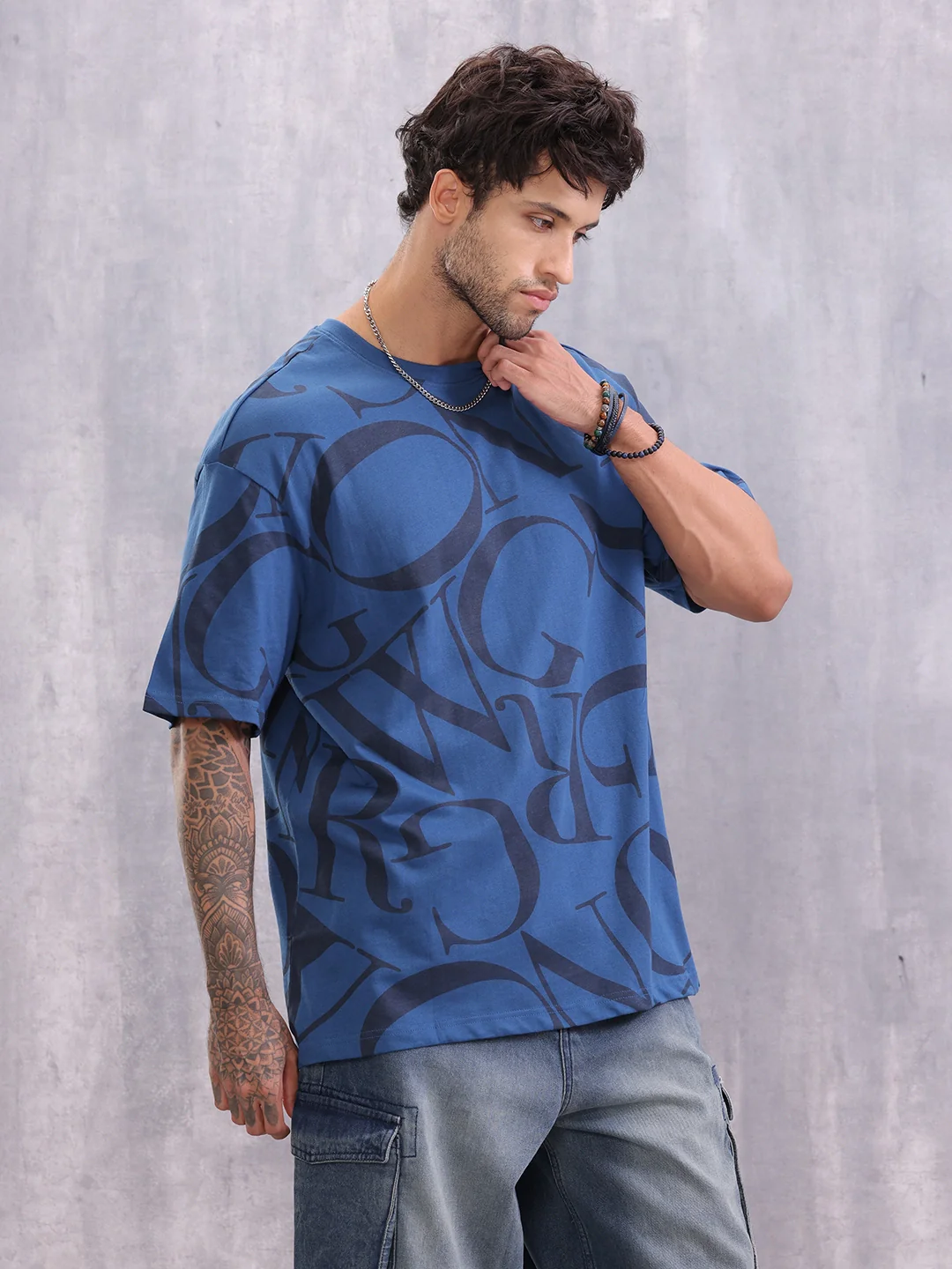 Typo Inspired Tonal Aop Oversized Fit T-shirt | Dark Blue - Image 4