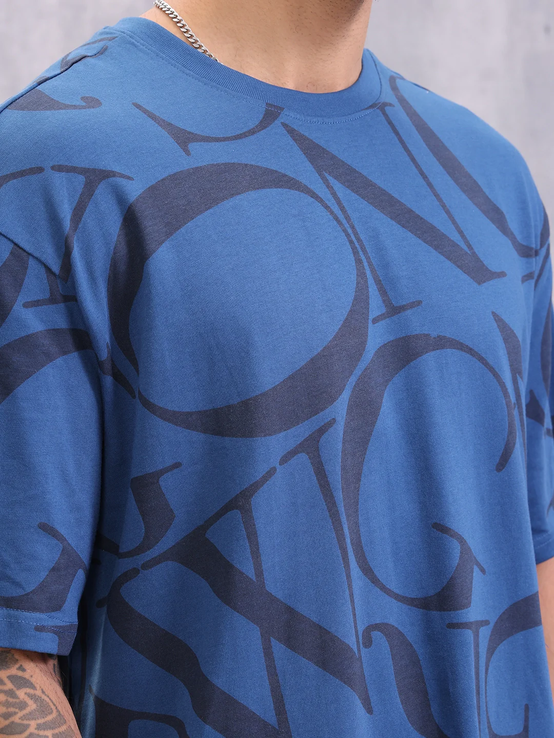 Typo Inspired Tonal Aop Oversized Fit T-shirt | Dark Blue - Image 5