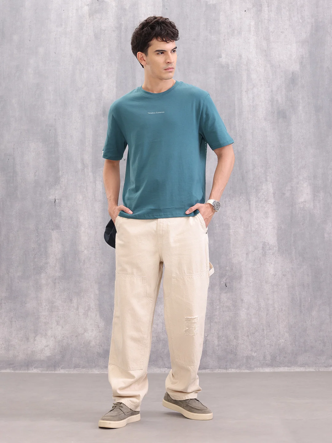Typo Print Comfort Fit T-Shirt With High-Low Hem | Teal - Image 2