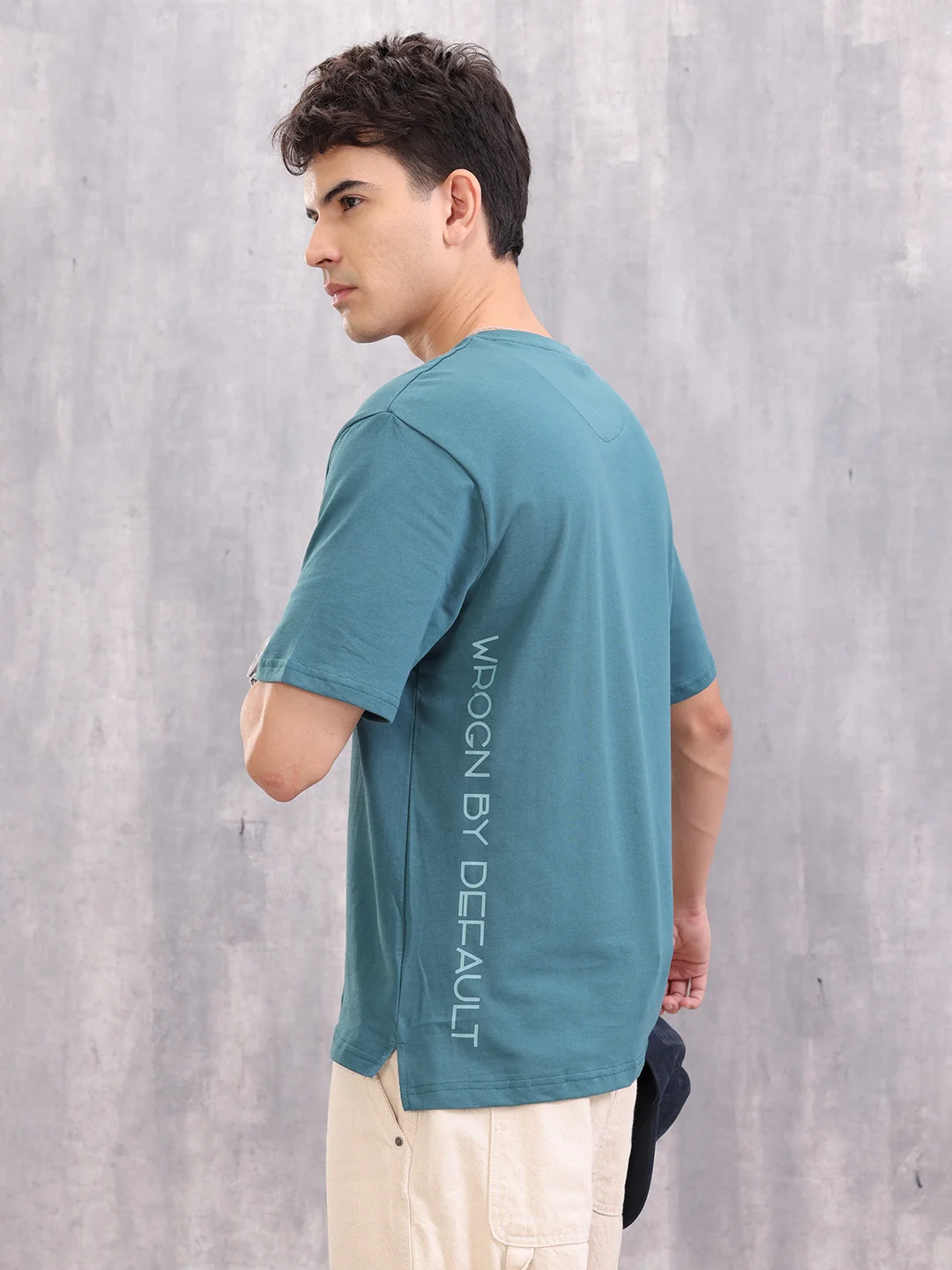 Typo Print Comfort Fit T-Shirt With High-Low Hem | Teal - Image 5