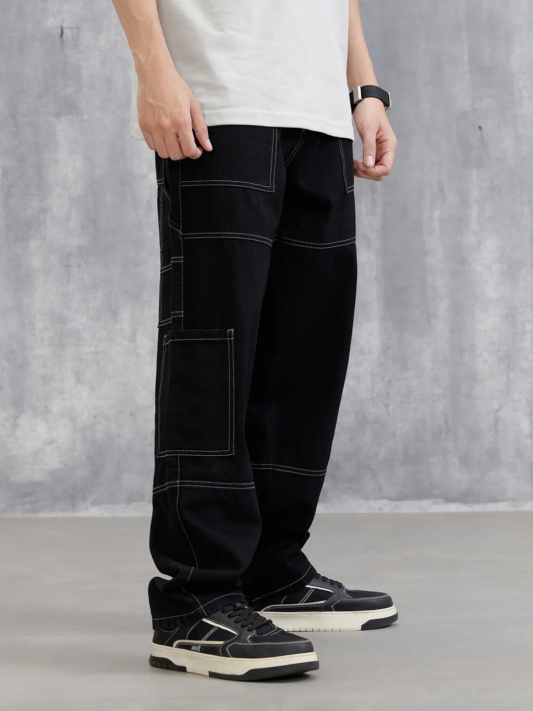 Utility Cargo Pants With Contrast Stitch | Black - Image 5