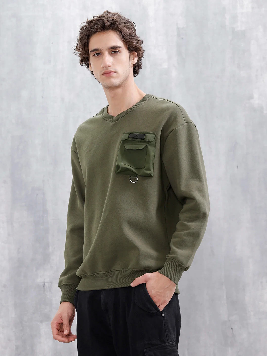 Utility Pocket Detail Casual Sweatshirt | Olive - Image 6