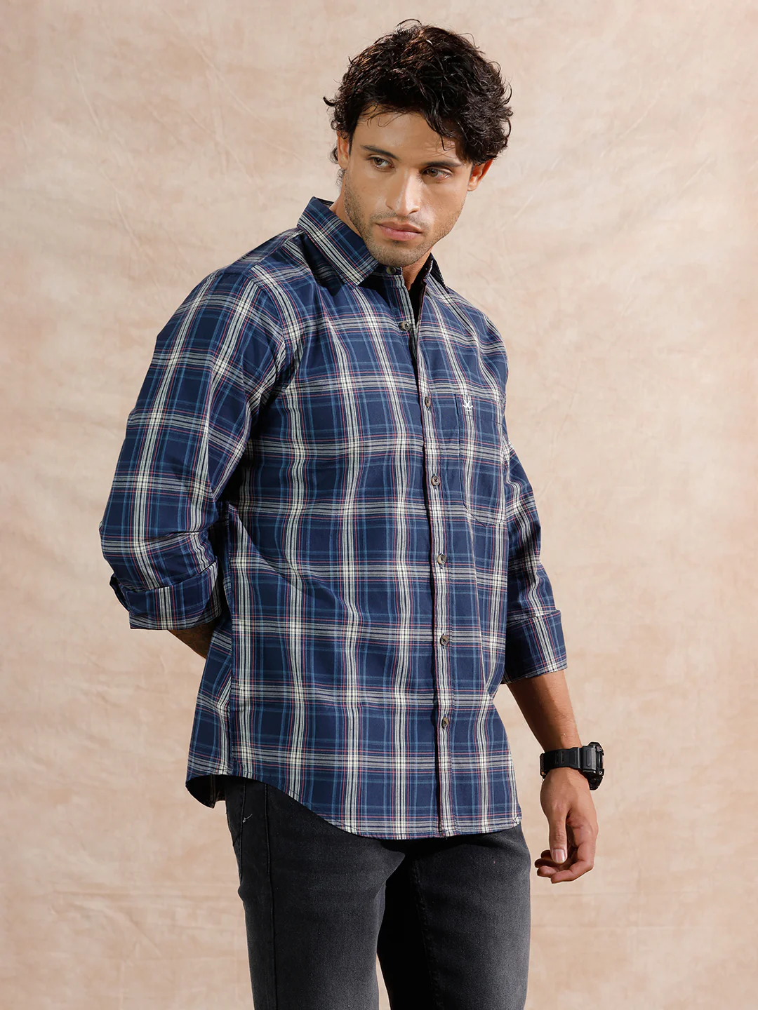 Variegated Checks Regular Fit Shirt  | Navy Blue - Image 4