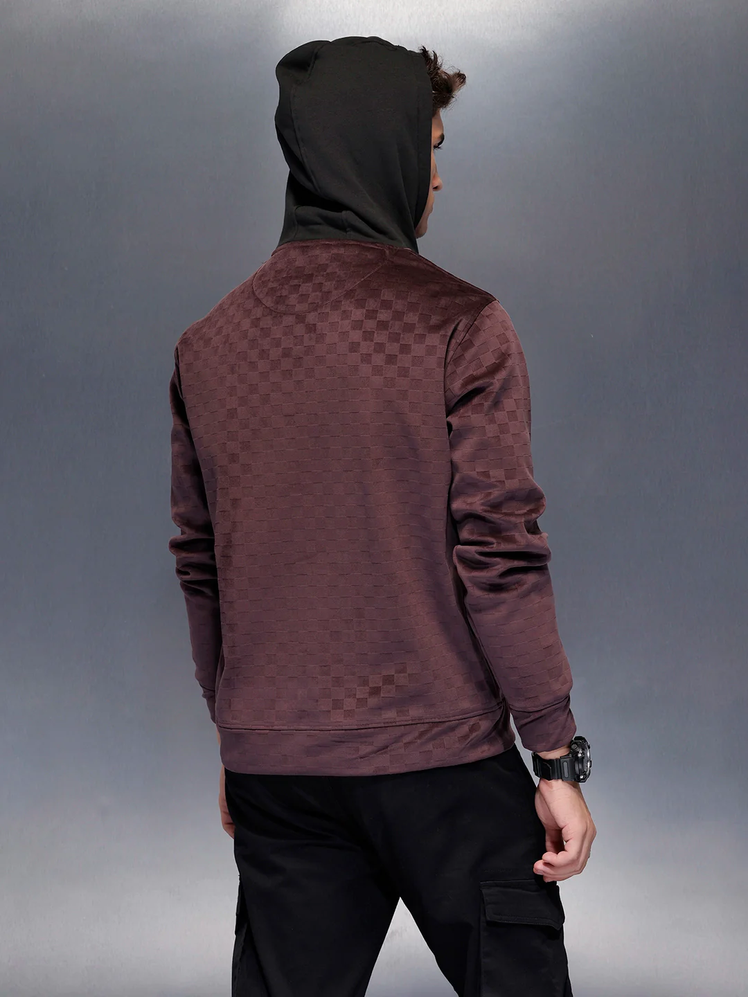 Velvet-finish Check-texture hoodie | Wine - Image 3