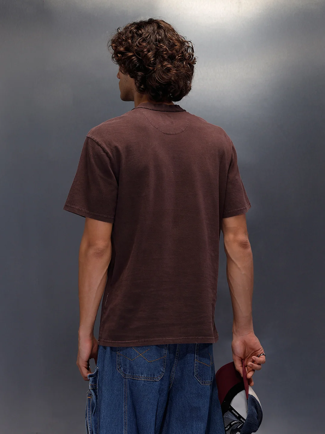 Vintage Look Neck Detailed Oversize Solid Tshirt | Brown - Image 3