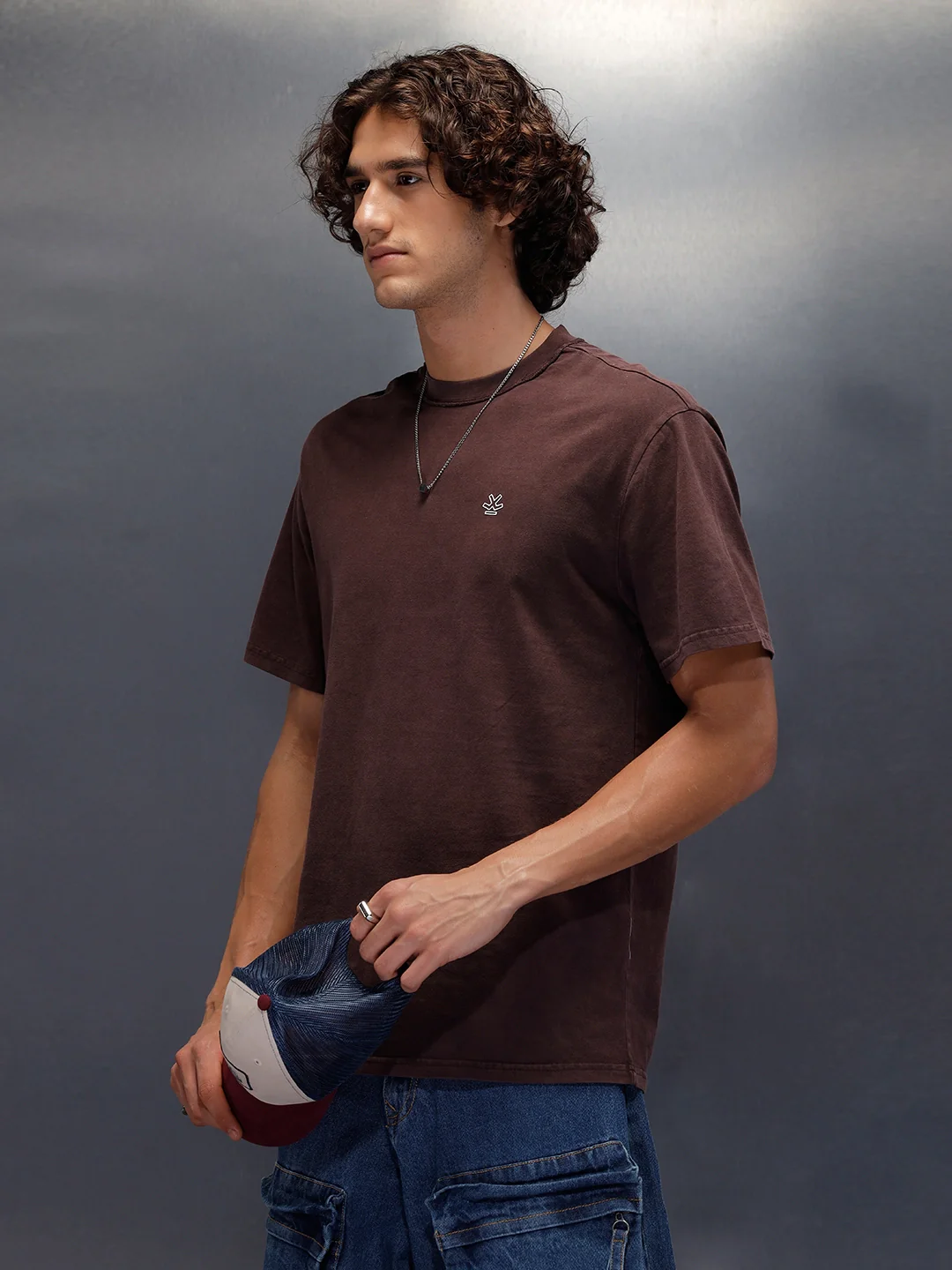 Vintage Look Neck Detailed Oversize Solid Tshirt | Brown - Image 4