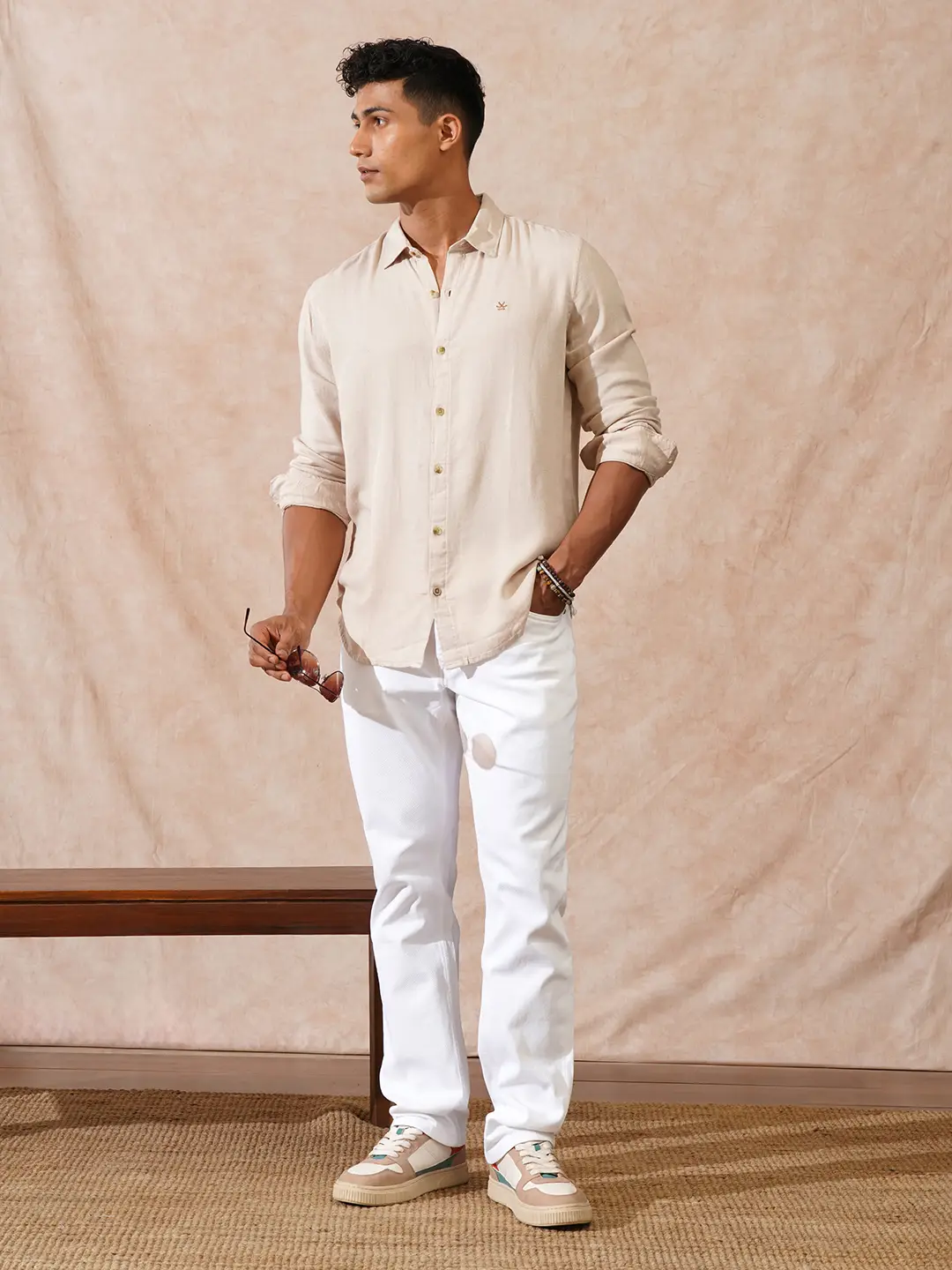 Viscose Linen Slim Fit Shirt | Beige - Image 3